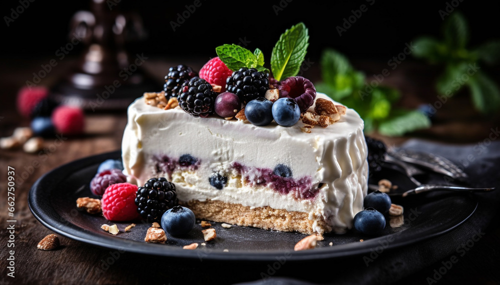 Whipped berry cheesecake with fresh fruit and mint leaf decoration generated by AI Whipped berry cheesecake with fresh fruit and mint leaf decoration generated by AI