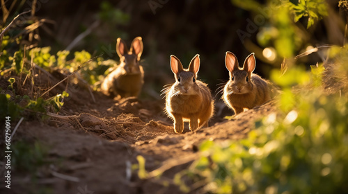 A group of rabbits that are runing in the forest