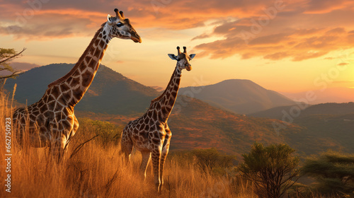 Giraffes Gracefully Grazing in the Serene Hills