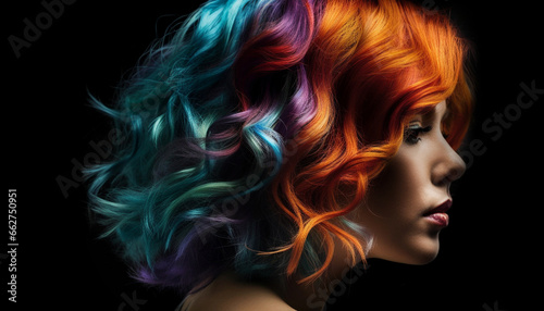 Beautiful young woman with colorful wig exudes elegance and sensuality generated by AI