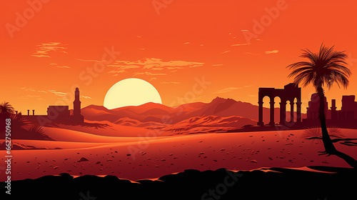 A Captivating Desert Landscape with Palm Trees and Ancient Ruins illustration