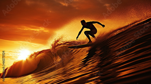 Artistic Silhouette of a Man Riding a Wave at Sunset © Kiss