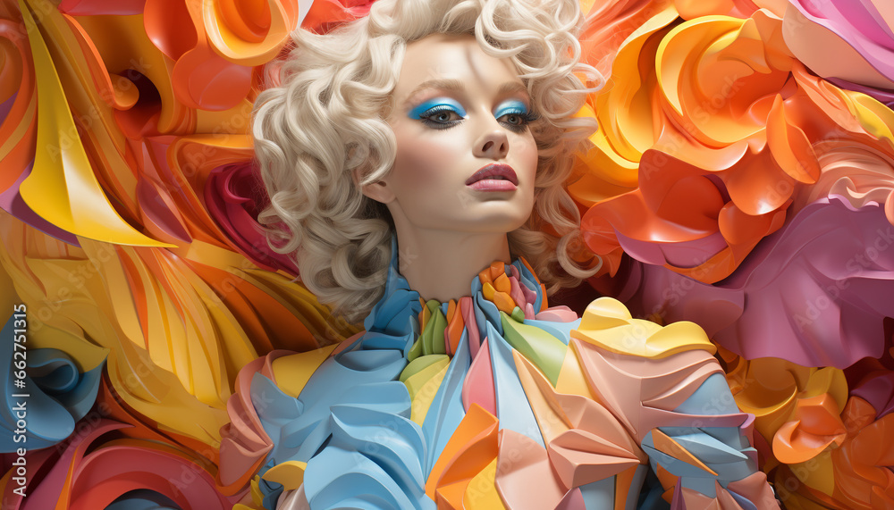 Blond haired woman, fashion model, elegant, glamorous, smiling, curly haired, long haired, cheerful, nature inspired, generative AI generated by AI Blond haired woman, fashion model, elegant, glamorous, smiling, curly haired, long haired, cheerful, nature inspired, generative AI generated by AI
