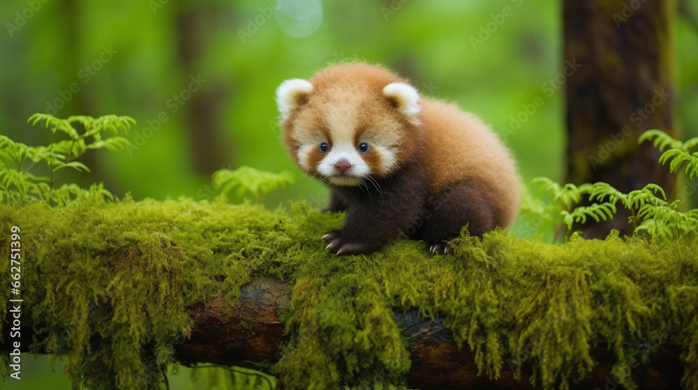 Naklejka premium Adorable Red Panda Sitting on Moss-Covered Tree Branch