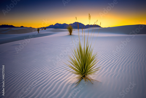 désert de sable blanc ondulé par le vent et parsemé de petits palmiers, photo au soleil couchant