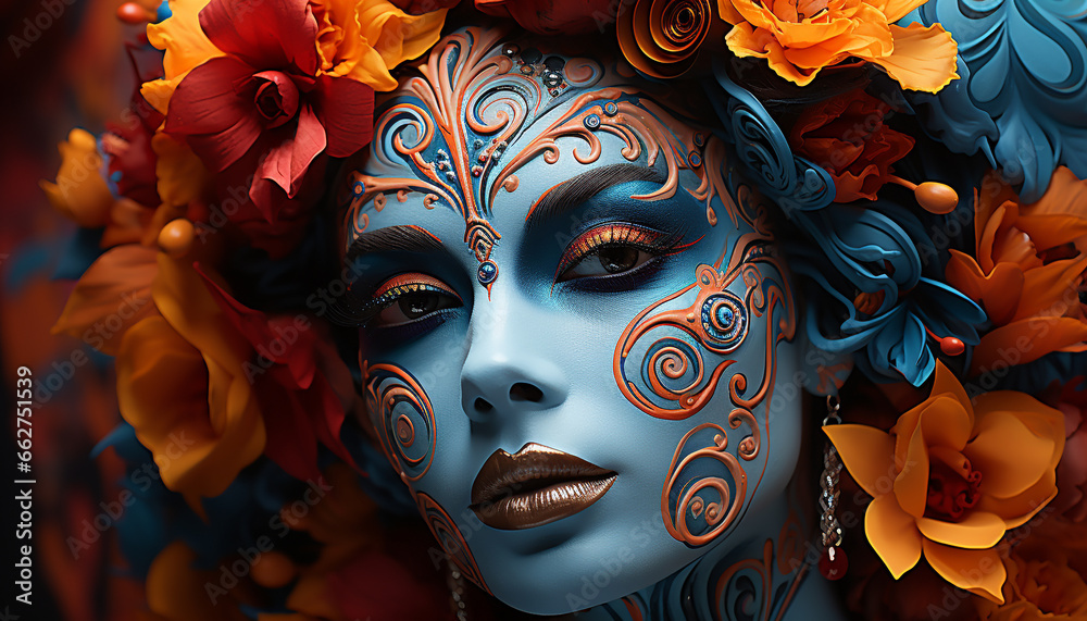 Obraz premium A beautiful woman with a floral hairstyle exudes elegance and glamour generated by AI