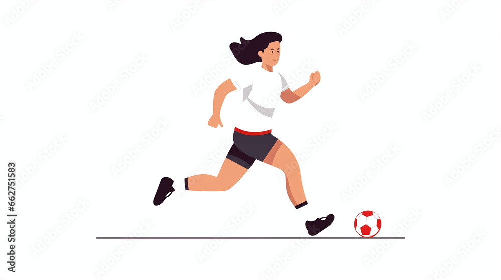 Woman running with soccer ball minimalist flat illustration on white background