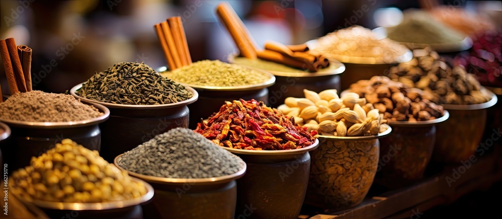 Assorted spices and herbs at the Dubai Spice Souk With copyspace for text - obrazy, fototapety, plakaty 