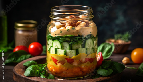 Organic vegetarian salad with fresh cucumber, tomato, and homemade yogurt dressing generated by AI