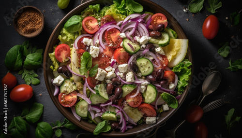 A gourmet appetizer plate with organic vegetables and mozzarella slice generated by AI