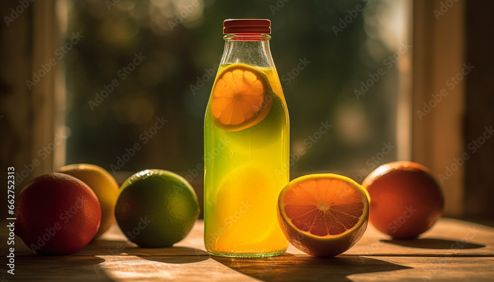 Refreshing citrus cocktail on wooden table, perfect for summer relaxation generated by AI