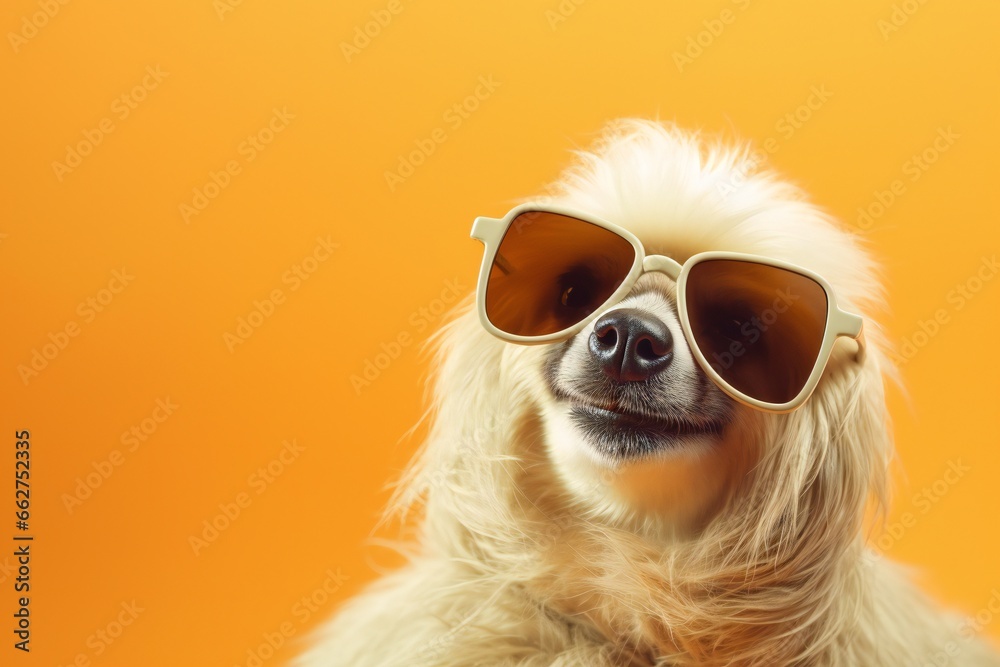Creative animal concept. sloth in sunglass shade glasses isolated on solid pastel background, commercial, editorial advertisement, surreal surrealism