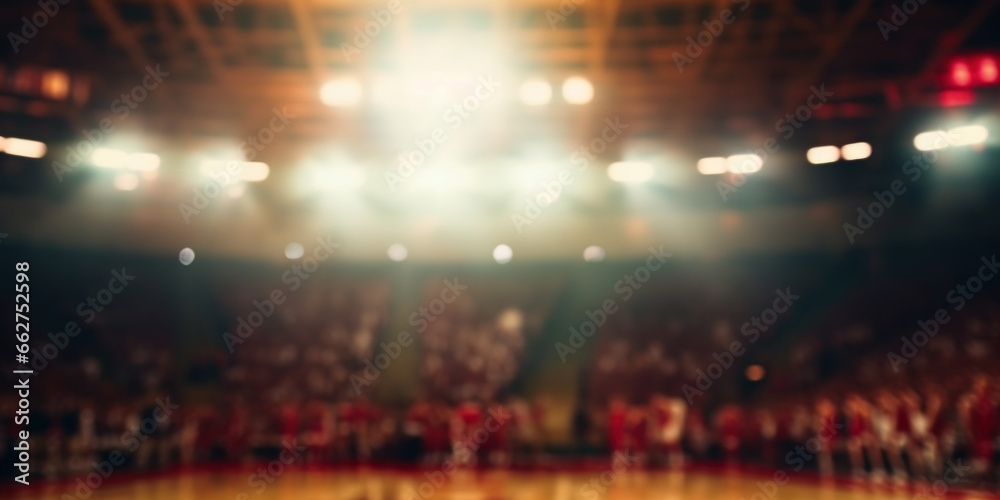 A defocused indoor stadium with floodlights and fans. Abstract blurred sports background.