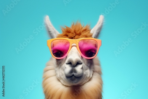 Creative animal concept. llama in sunglass shade glasses isolated on solid pastel background, commercial, editorial advertisement, surreal surrealism © JAYDESIGNZ