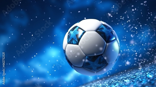 Soccer Ball Flying through Blue Sky with Particles