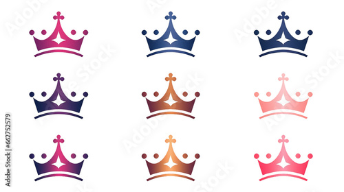 Set of six different colored crowns on transparent background