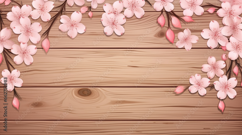 Cherry Blossom Branch on Wooden Background with Pink Leaves Cherry Blossom Branch on Wooden Background with Pink Leaves