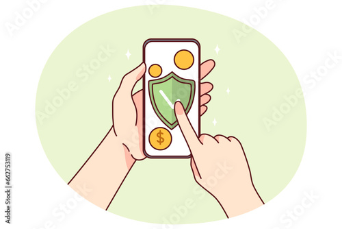 Hands holding cellphone buy online phone protection. Person with smartphone protect gadget from viruses. Technology safety. Vector illustration.