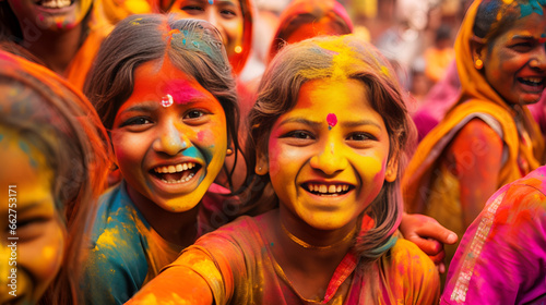Group of young hindu girls covered in colorful paint holi festival 