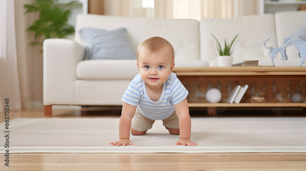 A Playful Baby Crawling Towards the Camera in a Living Room A Playful Baby Crawling Towards the Camera in a Living Room