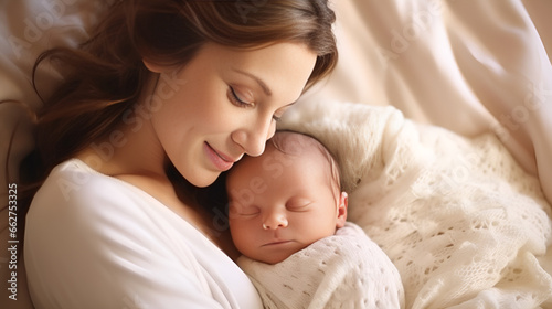 Happy Young Mother Holding Newborn Baby in Arms