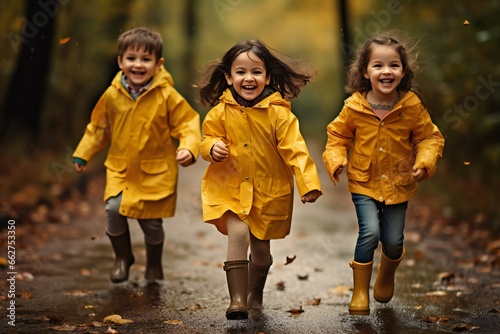 Happy smiling children in yellow raincoat and rain boots running in puddle an autumn walk