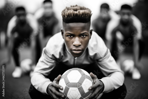 Intense focus on the face of an African-American soccer player. Young man with stylish hairstyle squats and holds a ball in his hands.