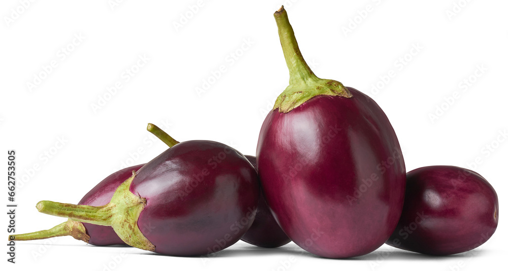 pile of eggplant or brinjal, aka aubergine, popular deep purple vegetable widely used in various cuisines isolated on white background, taken in side view - obrazy, fototapety, plakaty 