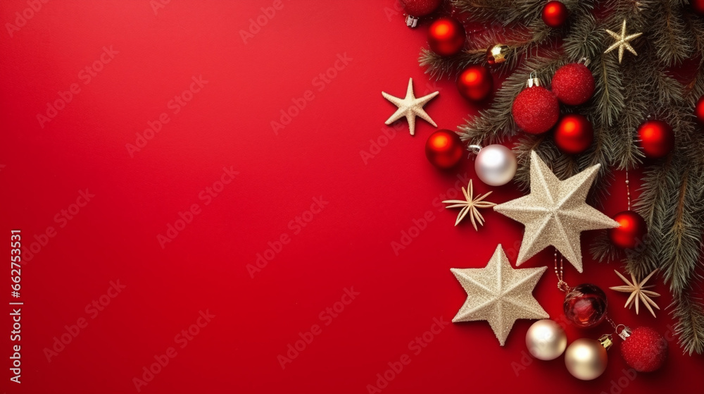 Polished Christmas Decorations on Red Background with Space for Text