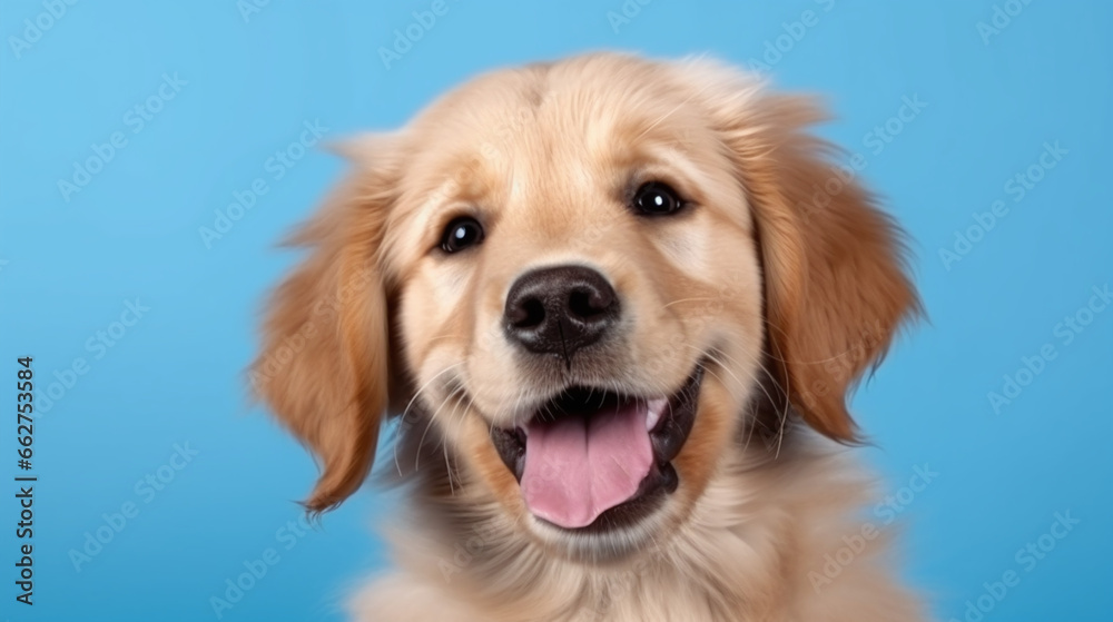 Close-Up Golden Retriever Dog Portrait on Blue Background