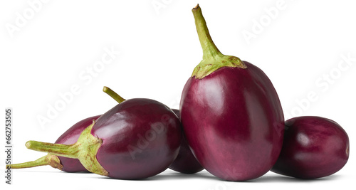 pile of eggplant or brinjal, aka aubergine, popular deep purple vegetable widely used in various cuisines isolated on white background, taken in side view