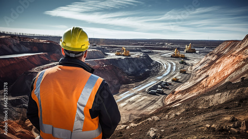Man in Hard Hat Surveying Open Pit Copper Mine photo
