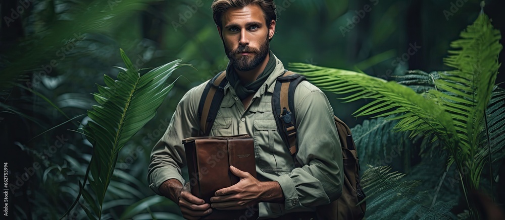 A concerned ecologist explores wildlife issues in a rainforest holding leaves of exotic plants With copyspace for text