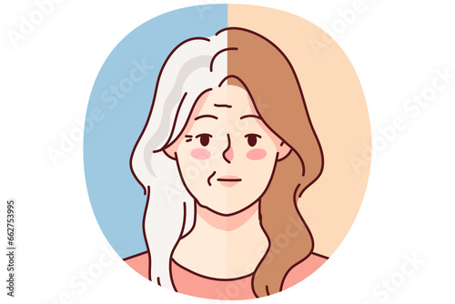 Young and old grey-haired woman aging process. Female in younger and older ages. Vector illustration.