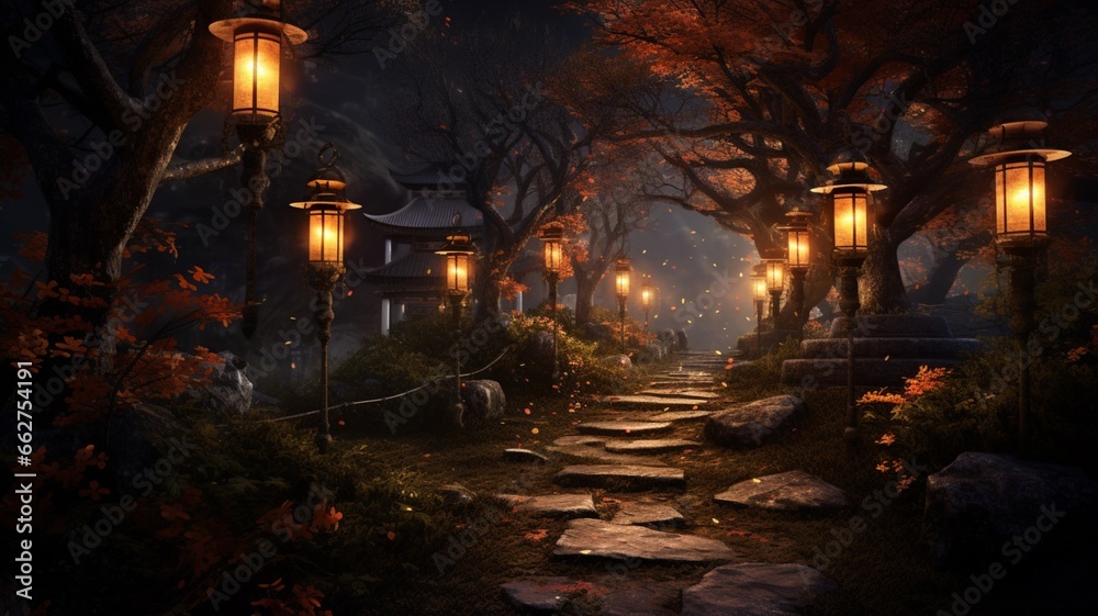 Ethereal glowing lanterns light mossy stone path photography picture Ai generated art