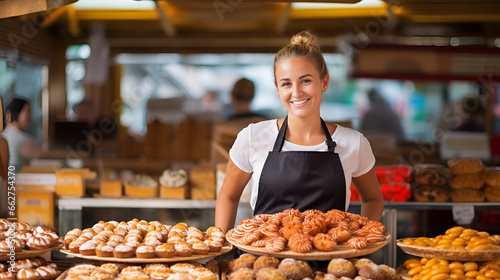 Woman Standing in Front of Display of Pastries at Farmers Fresh Food Market