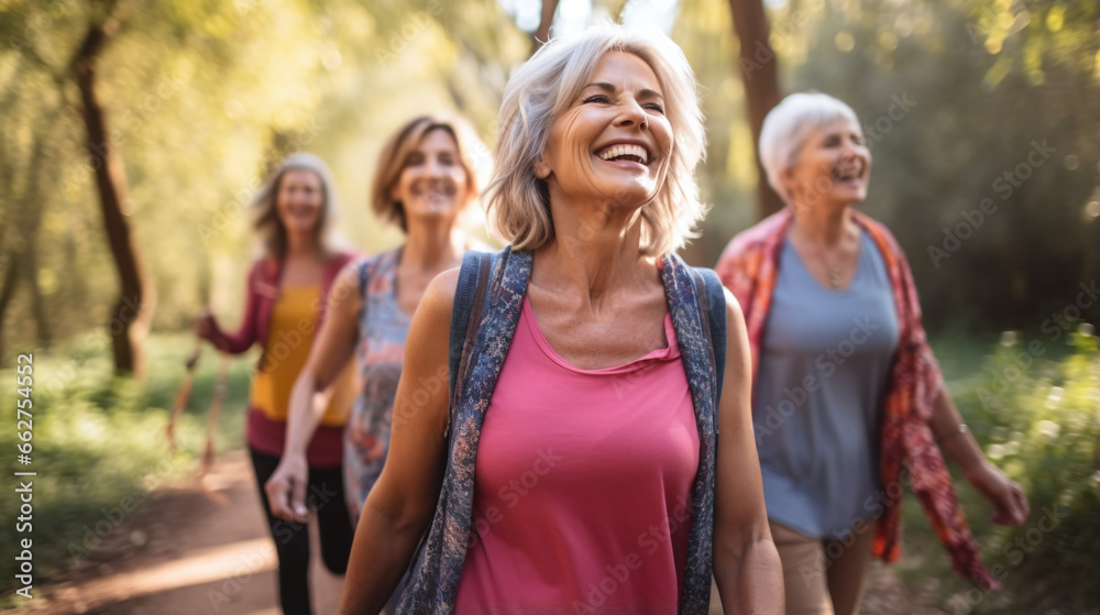 Group of Confident Mature Women on Outdoor Yoga Retreat Walking Along Path