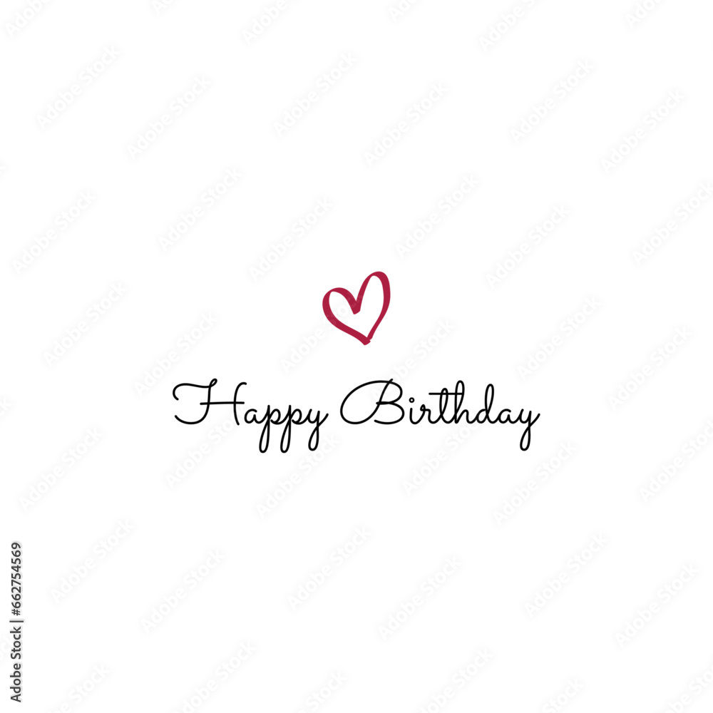 Greeting card Happy birthday with  lineart red heart and handwriting on the white background