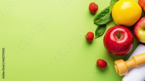 Vibrant Top View of Fruits, Vegetables on Green Background