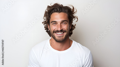 Man in his 30s with long curly hair and a white t - shirt 
