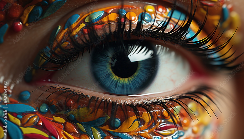 Vibrant colors of a peacock feather enhance the beauty of green eyes generated by AI
