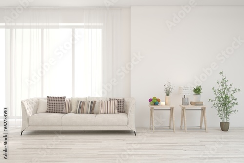 White modern interior design with sofa. Scandinavian interior design. 3D illustration