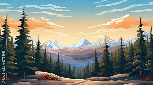 Mountain scene with pine trees under winter skies illustration