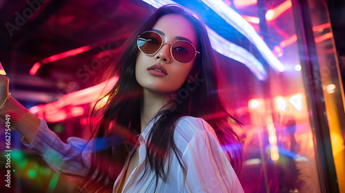 Stylish Asian Woman Capturing Fashion in Neon Lights