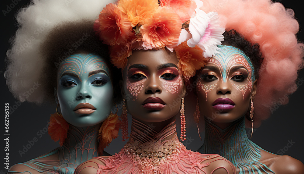 Obraz premium Beautiful women with different hairstyles and makeup, exuding elegance and glamour generated by AI