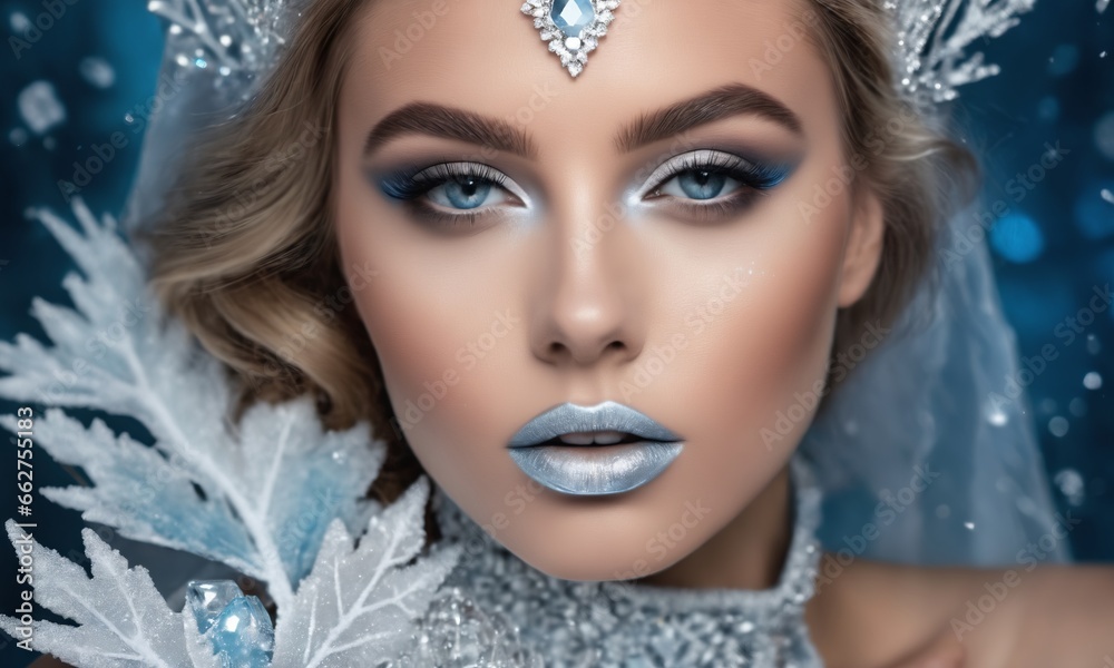 a stunning model becoming an ethereal ice queen with exquisite winter makeup