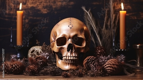 Fantasy Sacred Skull on Dark Supernatural Background for Halloween Concept