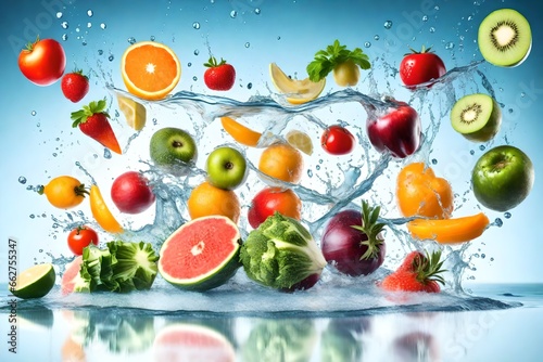 fresh vegetables in water splash