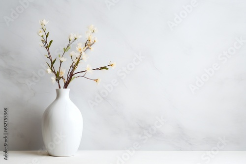 white ceramic vase table against white marble background with copy space