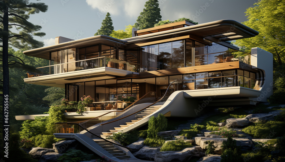 Modern architecture blends with nature in tranquil mountain landscape generated by AI